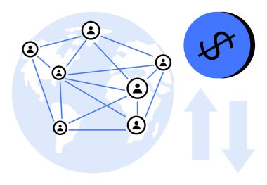Kullanıcı simgeleri dünya çapında çizgilerle bağlanıyor. Dolar işaretli mavi para birimi paraları, yukarı ve aşağı oklar. Küresel iletişim, ağ oluşturma, dijital işlemler, finansal akışlar, uluslararası