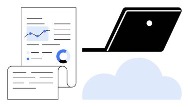 Laptop, grafikler, pasta grafikleri, raporlar ve bir bulut simgesi. İş analizleri, dijital dönüşüm, bulut depolama veri yönetimi için ideal. Uzaktan çalışma teknolojisi. Soyut satır düzlüğü