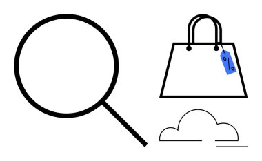 Fiyat etiketli ve bulutlu alışveriş çantasının yanında büyüteç. E-ticaret, çevrimiçi alışveriş, fiyat karşılaştırması, İnternet araması, piyasa araştırması, dijital perakende satış, web analizi için ideal. Soyut çizgi