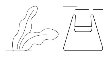 Sanat, basit bir yaprak bitkisi çizimi ve minimalist bir alışveriş çantası içerir. Çevre dostu, minimalizm, alışveriş, doğa, çevre bilinci, basitlik, çağdaşlık temaları için idealdir