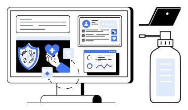 Sağlık kayıtları, grafikler ve dezenfektan şişeli semboller içeren tıbbi arayüzü gösteren bilgisayar ekranı. TeleHealth, dijital sağlık, tıbbi kayıtlar, hijyen ve uzak istişareler için ideal
