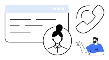 Bilgisayar penceresi, kadın portresi, telefon hatları ve işaret eden bir adam. İş iletişimi, müşteri desteği, sanal yardım, teknik çözümler, çevrimiçi hizmetler istemcisi etkileşimi için ideal