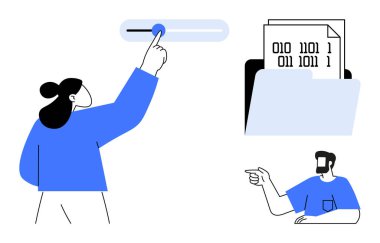 Bir kaydırıcıyı değiştiren kişi dijital klasördeki ikili kodu kontrol eder. Veri yönetimi, teknoloji eğitimi, dijital sistemler, programlama, siber güvenlik, bilgi işleme, yazılım için ideal