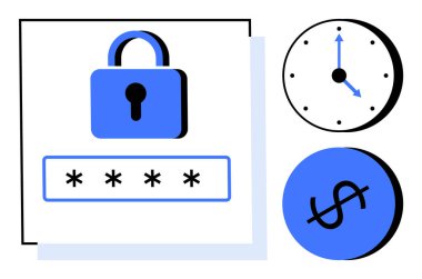Şifreli kilit, saati gösteren saat ve dolar işareti veri güvenliğini, zaman yönetimini, maliyet verimliliğini temsil ediyor. Siber güvenlik, mahremiyet, zaman değeri, mali koruma tasarrufu için ideal