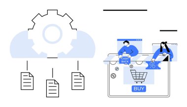 Çevrimiçi alışveriş ve nakit para kazanma yüzdeleri ile ilgili belgeleri birbirine bağlayan bulut dişli simgesi. Bulut hesaplama, e-ticaret, çevrimiçi alışveriş, dijital işlemler, veri işleme için ideal
