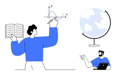 Öğretmen bir kitabı tutarken matematiksel grafiği açıklıyor, öğrenci dizüstü bilgisayar kullanıyor ve küreyi işaret ediyor. Eğitim, e-öğrenim, uzaklık öğrenme, çevrimiçi kurslar, öğretim ve bilgi için ideal