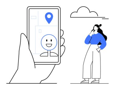 Elinde GPS ve gülümseyen yüz simgesi olan bir akıllı telefon var. Bir kadın yakınlarda durup düşünüyor. Navigasyon için ideal. Sosyal medya, iletişim teknolojisi, kullanıcı arayüzü, GPS izleme, dijital