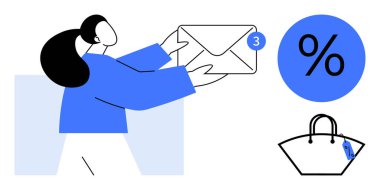 Siyah saçlı ve mavi kazaklı kadına büyük bir zarf, haber baloncuğu, alışveriş torbası ve indirim ikonu veriliyor. İletişim, indirim, alışveriş, pazarlama, reklam, e-posta için ideal