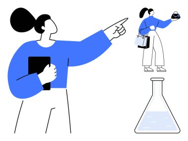 Tablet tutan, ileri bakan ve laboratuvar ekipmanları taşıyan kadın bilim adamı. Bilim, teknoloji, yenilik, araştırma, eğitim ve kariyer gelişimi için idealdir. Soyut satır düzlüğü