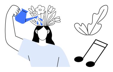 Kafadan büyüyen çiçekleri sulayan kişi zihinsel gelişimi sembolize ediyor. Yakın yaprak ve müzik notaları özgüvenin, yaratıcılığın ve farkındalığın altını çizer. Sağlık, kişisel gelişim ve stres için ideal