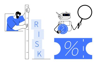 Cetvelle risk seviyesini ölçen kişi, büyüteçle veri analiz eden robot. Ticari risk değerlendirmesi, finans, makine öğrenimi, teknoloji, analiz, sorun çözme için ideal