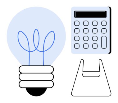 Ampul fikri, hesaplama için hesap makinesi, depolama için çanta. Yaratıcılık, eğitim, finans, alışveriş, problem çözme planlama için idealdir. Basit soyut çizgi düz metaforu