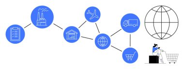 Fabrikalı mavi daireler, depo, uçak, kamyon, dünya, alışveriş arabası ikonları sırayla bağlı. Küre ve sonunda alışveriş arabası olan kişi. Lojistik ve tedarik zinciri için ideal