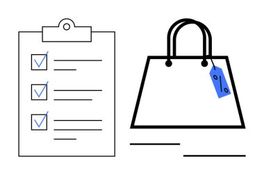 Üzerinde fiyat etiketi olan bir alışveriş çantasının yanında kontrol listesi olan pano. Perakende satış, alışveriş, görev yönetimi, yapılacaklar listesi, e-ticaret, envanter kontrolü, proje planlaması için ideal. Soyut çizgi düz metafor