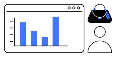 Satış rakamlarını gösteren bar tablosu, fiyat etiketli şık bir çanta ve müşteri profili taslağı. E-ticaret, analitik, satış raporları, moda endüstrisi, müşteri anlayışı, iş dünyası için ideal