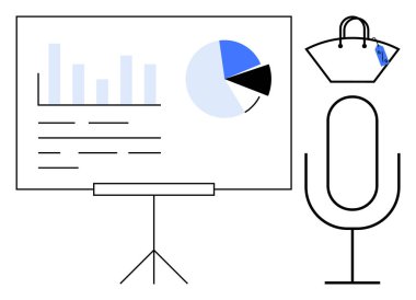 İçinde bar, pasta grafikleri, el çantası ve mikrofon olan beyaz tahta. İş toplantısı, sunum, pazarlama, finans, moda, halka açık konuşma analizleri için ideal. Soyut çizgi düz metafor