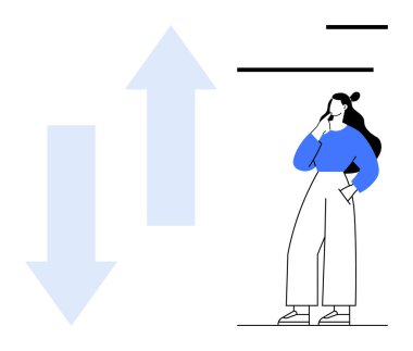 Mavi ve beyaz elbiseli kadın çene üzerinde elle derin derin düşünüyor, büyük mavi oklar yukarı ve aşağı, yatay çizgiler. Karar verme, analiz, seçim, yön, büyüme, sorun çözme için ideal