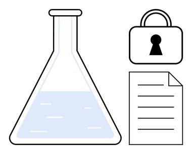 Kilitli bir asma kilidin yanında sıvıyla dolu kimya laboratuarı şişesi ve metin satırları olan bir belge. Bilimsel araştırma, veri koruması, fikri mülkiyet, laboratuar güvenliği, akademik