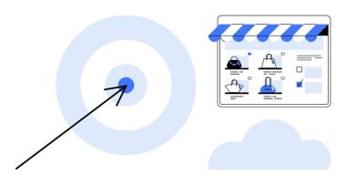 E- ticaret web sitesi görünümlü ve ürün listesiyle hedefi vuruyor. Pazarlama, çevrimiçi satış, müşteri hedefleme, e-ticaret optimizasyonu, dijital strateji, iş