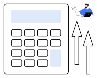 Mavi gömlekli bir iş adamı büyük bir hesap makinesini işaret eden bir dizüstü bilgisayar kullanıyor. İki ok büyümeyi ve ilerlemeyi simgeler. Finans, muhasebe, yatırım, iş stratejisi, ekonomik analiz için ideal