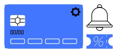 Çipli mavi dijital ödeme kartı, uyarı zili ayarlar için vites simgesi ve yüzde işaretli indirim kuponu. E-ticaret için ideal, çevrimiçi ödeme, fintech, mobil bankacılık, finans