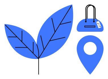 Üzerinde fiyat etiketi ve yer etiketi olan mavi el çantasının yanında siyah damarlı bir yaprak. Ecommerce, sürdürülebilir alışveriş, perakende satış, çevre temaları, konum hizmetleri, markalaşma kampanyaları için ideal