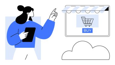 Tablet tutan ve ekranda alışveriş arabası gösteren bir kadın ve satın alma düğmesi. E-ticaret, çevrimiçi alışveriş, dijital pazarlama, tüketici davranışı, teknoloji, perakende ve İnternet kullanımı için ideal