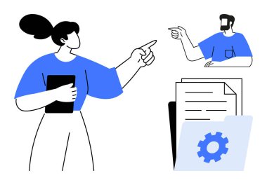 Kadın panoyu işaret ediyor, adam ekranda iletişim kuruyor, dosyalar ve ekipmanlar klasörde. Takım çalışması, uzaktan çalışma, iletişim, organizasyon proje yönetimi dijital dosya süreçleri için ideal. Mavi