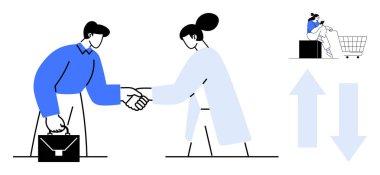 El sıkışan iki kişi, çanta, alışveriş arabası, bar grafik okları, alışveriş aktiviteleri, profesyonel kıyafetler. İş anlaşmaları, işbirliği, ecommerce takım çalışması ortaklığı büyümesi için ideal