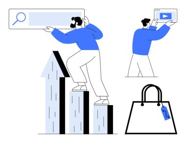 Rakamlar arama çubuğu, büyüme grafiği ve büyük dijital ekran ile etkileşime giriyor. Dijital pazarlama, e-ticaret, SEO, çevrimiçi iş büyümesi, içerik oluşturma analitik perakende için ideal. Mavi-beyaz