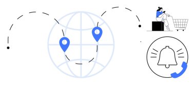 Yer işaretleyicili dünya, alışveriş arabalı alışveriş arabası kontrol koltukları, uyarı zili ve telefon. Küresel ticaret, lojistik, çevrimiçi alışveriş, iletişim, dağıtım hizmetleri bildirimleri için ideal