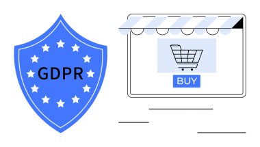 Shield with GDPR text next to an online store window displaying a shopping cart and buy button. Ideal for data privacy, security, e-commerce, consent, compliance, regulations, internet safety clipart