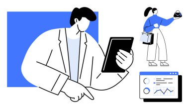 Profesyoneller tablet kullanır ve veri grafiklerini analiz ederler. Çevrimiçi alışveriş hediyeleri. İş stratejisi, veri analizi, e-ticaret, teknoloji, dijital dönüşüm, çevrimiçi alışveriş için ideal