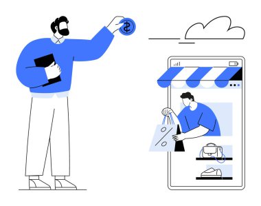 Akıllı telefondan elinde tablet ve sikke tutan adam. E-ticaret, dijital işlemler, çevrimiçi alışveriş, mobil alımlar, finans teknolojisi, tüketici davranışı, perakende eğilimleri için ideal