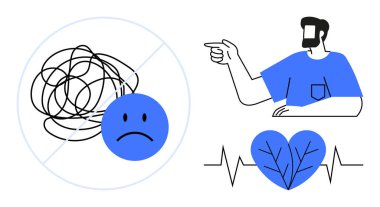 Nabız çizgisi olan bir kalbe ve çizilmiş bir karalamanın içindeki mutsuz yüze bakan bir adam. Ruh sağlığı, stres yönetimi, duygusal sağIık, kişisel bakım, terapi, farkındalık için ideal