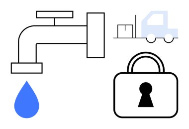 Damlacıklı musluk, kargo kamyonu ve kilit deliğiyle su koruma, lojistik ve güvenliği sembolize ediyor. Su yönetimi, ulaşım, tedarik zinciri, güvenlik için ideal