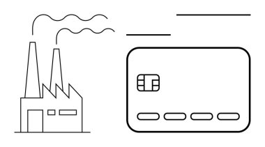 Finans entegrasyonunu gösteren büyük bir kredi kartının yanında ikiz baca yığınları olan sanayi fabrikası. Ekonomi, sanayi büyümesi, mali hizmetler, işletme, imalat ve yatırım için ideal