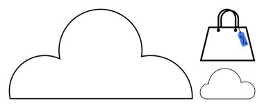 Bulut şekilli ikonlar, mavi etiketli bir alışveriş çantasının yanında. E-ticaret, çevrimiçi depolama, bulut bilgisayarı, dijital güvenlik, çevrimiçi hizmetler, alışveriş ve veri için ideal