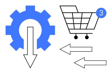 Dişliler aşağı ok, alışveriş arabası ve çift yönlü oklar. E-ticaret, alışveriş süreçleri, iş akışı, tedarik zinciri, perakende yönetimi otomasyon lojistiği için ideal. Çizgi