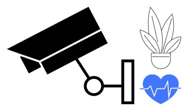 Siyah güvenlik kamerası, saksı bitkisinin siyah çizgisi, ECG çizgisi olan mavi kalp. Güvenlik, sağlık izleme, akıllı evler, bitki bakımı, refah, çevresel gözlem dijital için ideal