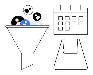 Objects include a funnel filtering data, a calendar, and a tote bag. Ideal for project planning, time management, data processing, organization, productivity, workflow and task prioritization clipart