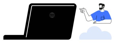 Mavi gömlekli adam ekranda dünya ikonu olan dizüstü bilgisayarı gösteriyor ve altta bulut var. Uzak çalışma, bulut teknolojisi, dijital iletişim, çevrimiçi öğrenme, teknik destek, uzaktan işbirliği için ideal