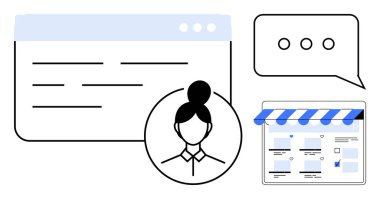 Kullanıcı profili simgesi, elipsli sohbet kutusu, metin ve e-ticaret düzeni olan tarayıcı pencereleri. Müşteri desteği için ideal, çevrimiçi iletişim, e-ticaret yönetimi, dijital pazarlama, kullanıcı