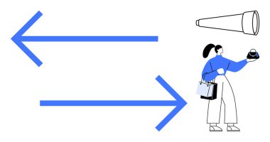 Alışveriş torbaları olan bir kadın, büyüteç kullanıyor, sol ve sağ oklarla çevrili, ve yukarıda süzülen bir teleskop. Karar verme, yön, seçim, navigasyon, iş stratejisi için ideal