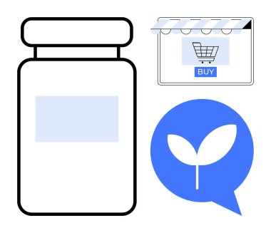 Yanında alışveriş arabası ve satın alma düğmesi olan bir e-ticaret mağazası ikonu ve yanında mavi bir çevre dostu yaprak ikonu olan bir şişe takviye. Çevrimiçi perakende satış, sağlık, ecommerce, sürdürülebilirlik ve dijital için ideal