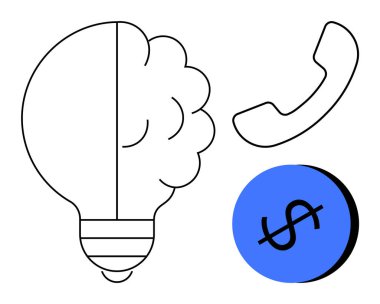 Ampul beyin, telefon ahizesi ve mavi daire şeklinde işaretle birleştirilmiş. Yenilik, iletişim, maliyet tasarrufu, yaratıcılık, iş stratejileri, beyin fırtınası finans için ideal