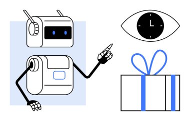 Dost canlısı robot tek kolunu uzattı. Yakın unsurlar arasında ortasında bir saat olan bir göz ve bir yay ile sarılmış bir hediye yer alıyor. Teknoloji, otomasyon, yapay zeka, yenilik, fütüristik