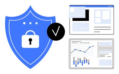 Kilitli, işaretli, web sayfası arayüzlü ve grafik analizli siber güvenlik kalkanı. Veri koruması, çevrimiçi güvenlik, bilişim yönetimi, tehdit analizi, web geliştirme, güvenli tarama için ideal