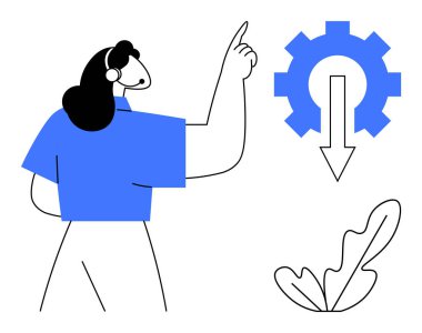 Kulaklıklı kişi, aşağı doğru ok atan bir dişliye doğru bakıyor, sağ alta yerleştirin. Teknoloji, iş akışı, otomasyon, rehberlik, süreç optimizasyonu, müşteri desteği, soyut