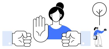 Yükselmiş elli bir kadın figürü, iki yumruk, ağacın yanında alışveriş torbaları taşıyan küçük bir kadın. Çatışma çözümü, barış, dur, yetki, eşitlik anlaşmazlığı için idealdir. Soyut